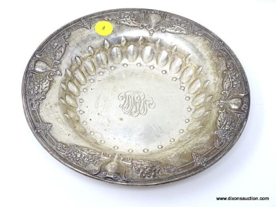 (SC) STERLING BOWL WITH CORNUCOPIA & ARROW PATTERN. IS MONOGRAMMED WITH INITIALS SSM? MEASURES 9" IN