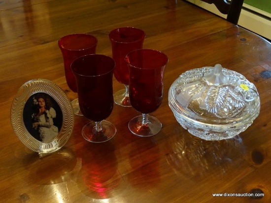 (DR) GLASS LOT; LOT INCLUDES- 4 RUBY RED TEA GLASSES, PR, CANDLEWICK CANDLE HOLDERS, CRYSTAL PICTURE