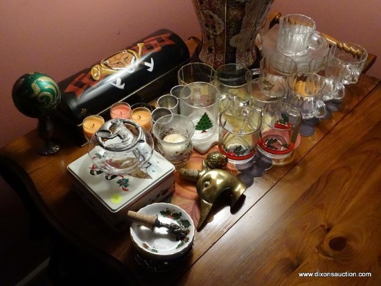 (LR) MISCELL. LOT- INCLUDES- GLASS MUGS AND SAUCERS, CHRISTMAS GLASSES, TIN FOX PAINTED CANDLE BOX,