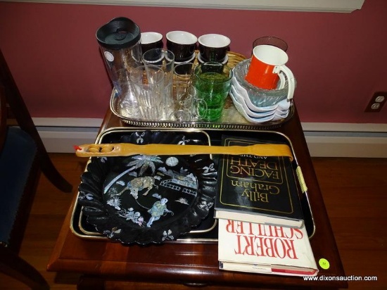 (LR) TABLE LOT- LOT INCLUDES TRAYS, GLASSES, ORIENTAL LACQUER WARE BOWL WITH MOTHER OF PEARL