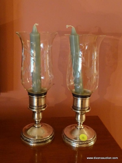 (LR) PR. OF STERLING SILVER CANDLE HOLDERS WITH ETCHED GLASS SHADES- 11 IN H, ITEM IS SOLD AS IS