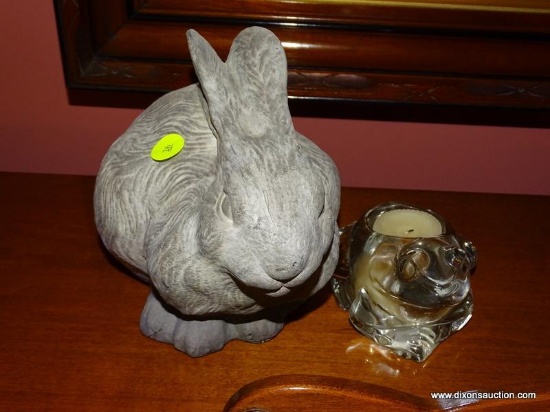 (LR) MISCELL. LOT- TERRACOTTA RABBIT FIGURE- 8 IN X 7 IN, FROG VOTIVE HOLDER, MARDI GRAS MASK- 11 IN