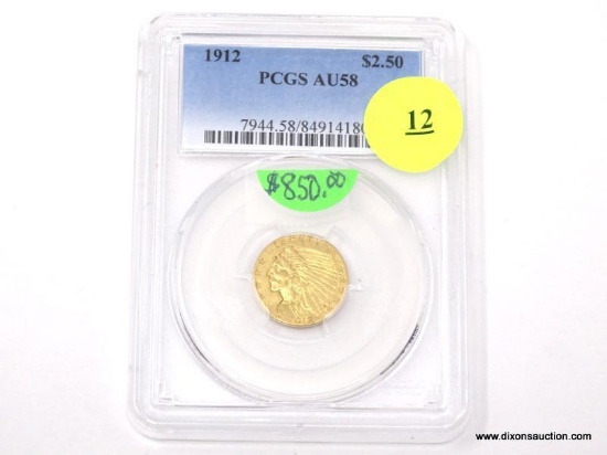 1912 $2.50 GOLD INDIAN - AU 58. GRADED BY PCGS.
