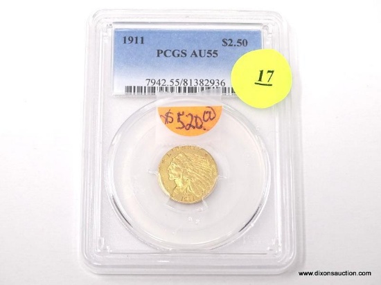 1911 $2.50 GOLD INDIAN - AU 55. GRADED BY PCGS.