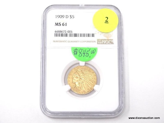 1909-D $5 GOLD INDIAN - MS 61. GRADED BY NGC.