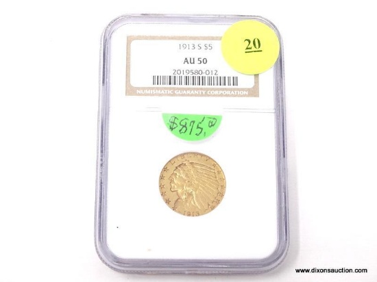 1913-S $5 GOLD INDIAN - AU 50. GRADED BY NGC.
