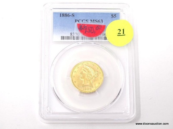 1886-S $5 GOLD LIBERTY - MS 63. GRADED BY PCGS.