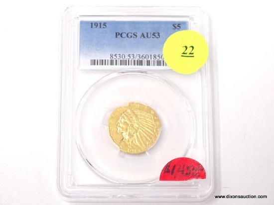 1915 $5 GOLD INDIAN - AU 53. GRADED BY PCGS.