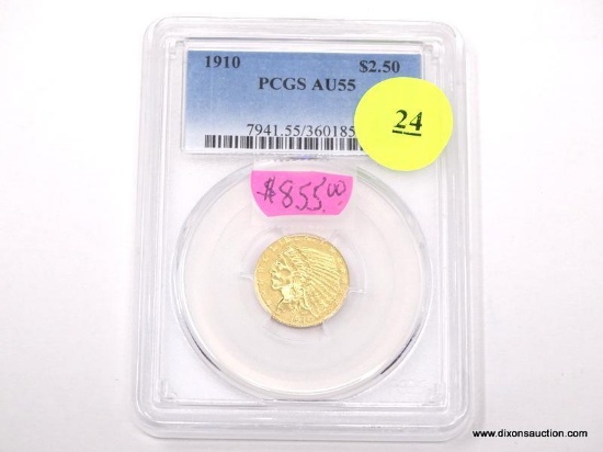 1910 $2.50 GOLD INDIAN - AU 55. GRADED BY PCGS.