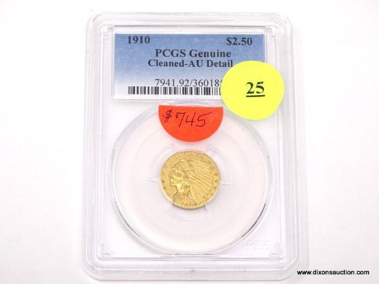 1910 $2.50 GOLD INDIAN - GENUINE CLEANED - AU DETAIL. GRADED BY PCGS.