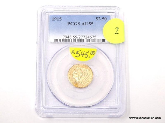 1915 $2.50 GOLD INDIAN - AU 55. GRADED BY PCGS.