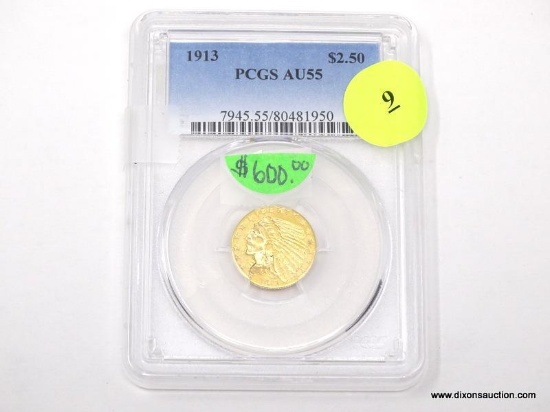 1913 $2.50 GOLD INDIAN - AU 55. GRADED BY PCGS.