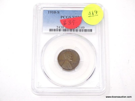 1910-S LINCOLN WHEAT CENT - VF 20. GRADED BY PCGS.
