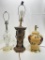 (S8H) THREE LAMPS: CRYSTAL LAMP, GOLD TONE LIONS WITH RINGS; AND AN ORIENTAL GLASS URN LAMP WITH