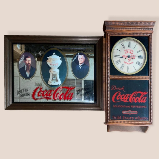 (NEAR DOOR BAY 9) 1977 COCA COLAL ADVERTISING MIRROR AND ANTIQUE OAK COCA COLA REGULATOR CLOCK WITH