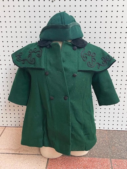 VINTAGE WOOL CHILDREN'S WINTER COAT WITH CAPELET CAPE MATCHING BONNET QUILTED LINING BY FREEWAY