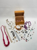 (S6F) WOOD BOX WITH COSTUME JEWELRY AND BEADS INCLUDING RINGS, NECKLACES, BRACELETS, PINS AND MORE