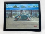 (S7G) VINTAGE AUTOMOBILE CAR PAINTING ON CANVAS BOARD FRAMED FORD CAR ARTWORK SIGNED