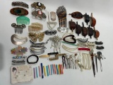 (S7G) VINTAGE HAIR JEWELRY ACCESSORES INCLUDING BARRETTES, CLIPS, COMBS, LEATHER, MOTHER OF PEARL,