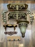 (S8H) ORNATE FRENCH ROCCOCO STYLE GOLD TONE WALL SCONCE SHELVES AND ASSORTED DECORATIVE ITEMS.