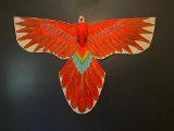 (LOCATED NEAR WINDOW) HUGE SCARLET MACAW PARROT WOOD AND SILK HANDMADE KITE BY 'INTO PARADISE'