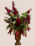 (S2B) LARGE FAUX RED FLORAL ARRANGEMENT WITH PEDESTAL GRAPE VASE MEASURING ABOUT 30 INCHES IN TOTAL