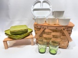 (S2B) ANTIQUE PICNIC BASKET (13 X 13 X 8 INCHES) WITH RETRO AVOCADO GREEN TRANQUIL WARE SQUARE