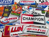 (S4D) HUGE LOT OF VINYL AUTOMOBILIA ADVERTISING DECALS INCLUDING: CHAMPION SPARK PLUGS; NGK; PIONEER