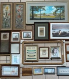 (LOCATED CENTER AISLE) HUGE LOT OF FRAMED ARTWORK, AND PICTURE OR PHOTO FRAMES