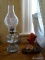 (APTBD) OIL LAMP WITH SHADE- 17 IN H AND PORCELAIN CARDINAL FIGURINE ON STAND BY ANDREA- 7 IN H,