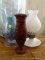 (APTBD) MISCELL. LOT- CARVED WOODEN VASE- 10 IN H, VASE WITH CANDLE- 11 IN H, MILK GLASS LAMP WITH