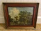 (APTHALL) FRAMED PRINT ON BOARD OF COUNTRY SCENE IN WALNUT AND RED PAINTED FRAME- 25 IN X 22 IN,