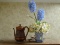 (STAIRS) FLORAL ARRANGEMENT AND CARVED WOOD TEAPOT- 9 IN H, ITEM IS SOLD AS IS WHERE IS WITH NO