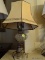 (PARLOR) ANTIQUE OIL LAMP CONVERTED TO ELECTRIC WITH PAPER SHADE- 17 IN H, ITEM IS SOLD AS IS WHERE