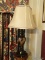 (PARLOR) BRONZE TONED LAMP WITH CLOTH SHADE- 32 IN H, ITEM IS SOLD AS IS WHERE IS WITH NO GUARANTEES