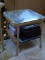 (BCKRM) ANTIQUE WICKER END TABLE WITH PLEXIGLASS TOP- 18 IN 18 IN X 20 IN, ITEM IS SOLD AS IS WHERE