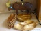 (BCKRM) HAND CARVED MAHOGANY CORN DISHES, SERVING DISH AND BOWL WITH A PAINTED WOODEN MOOSE CANDY
