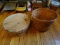 (DR) LARGE SINGLE HANDLE LONGABERGER BASKET. INCLUDES AN ANTIQUE CHEESE BOX. ITEM IS SOLD AS IS