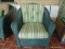 (FRNT PRCH) LLOYD FLANDERS GREEN WICKER ARM CHAIR WITH GREEN STRIPE UPHOLSTERED CUSHIONS. MEASURES
