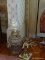 (UPBD1) VINTAGE OIL LAMP CONVERTED TO ELECTRIC WITH CHIMNEY- 19 IN H AND INCLUDES DAMAGED ANTIQUE
