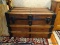 (UPHALL) ANTIQUE PINE AND METAL SQUARE TRUNK- REFINISHED AND READY FOR THE HOME- 35 IN X 20 IN X 22