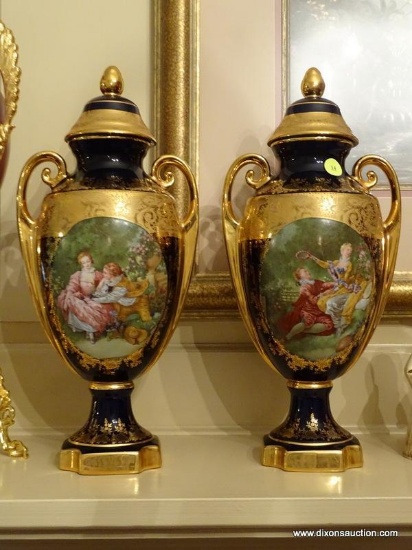 (LR) PR. OF IMPERIAL LIMOGES LIDDED PORTRAIT MANTEL URNS- 14 IN H, , ITEM IS SOLD AS IS WHERE IS