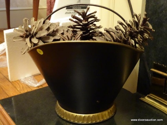 (LR) PAINTED COAL BUCKET WITH DECORATIVE PINE CONES- 15 IN X 12 IN, ITEM IS SOLD AS IS WHERE IS WITH