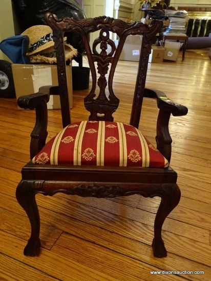 (LR) MAHOGANY CHIPPENDALE STYLE DOLL CHAIR WITH BALL AND CLAW FEET, CARVED BACK AND SPLAT- 13 IN X