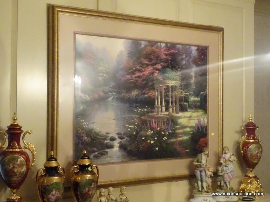 (LR) LARGE FRAMED AND MATTED THOMAS KINKADE WATER GARDEN PRINT WITH GAZEBO IN GOLD FRAME- 50 IN X 39