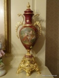 (LR) PR. OF DECORATIVE PORCELAIN PORTRAIT PAINTED AND BRASS BASE MANTEL URNS-(POSSIBLY IMPERIAL