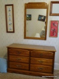 (APTBD) PINE 6 DRAWER DRESSER WITH PRESSED DESIGN IN DRAWER AND MATCHING MIRROR, VERY GOOD