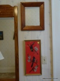 (APTBD) 2 FRAMED ITEMS- PINE FRAMED MIRROR- 12.5 IN X 15 IN AND A FRAMED NEEDLEPOINT OF BIRDS IN A