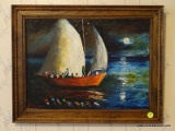 (APTBD) FRAMED HAITIAN OIL ON CANVAS OF SAILBOAT BY JOE L JEAN IN PINE FRAME- 19 IN X 15 IN, ITEM IS