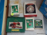 (APTLR) 5 SMALL HALLMARK CHRISTMAS ORNAMENTS- LOU GEHRIG, HERE COMES SANTA, MICKEY AND MINNIE MOUSE,